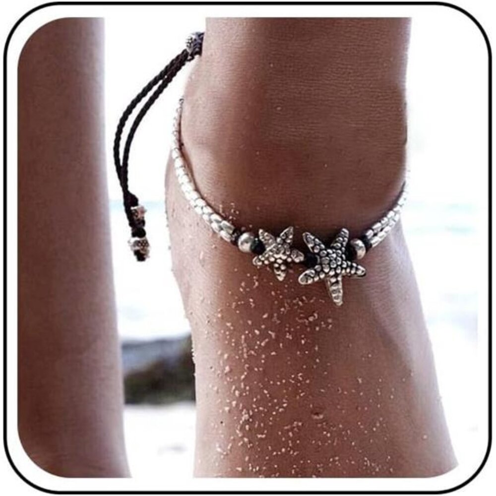 Boho Starfish Anklet Bracelet Beach Woven Anklet Chain Layered Silver Star
